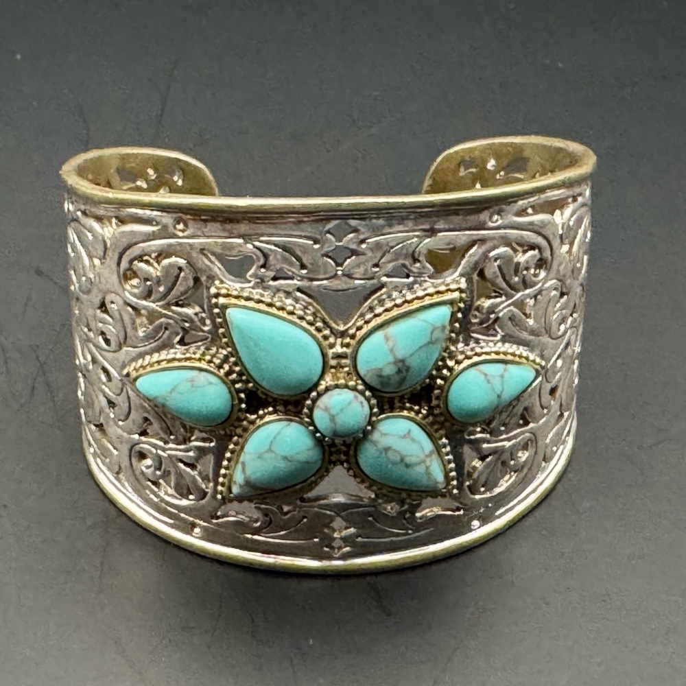 Lucky Brand two-tone turquoise blossom filigree cutout statement cuff bracelet. - Picture 2 of 4
